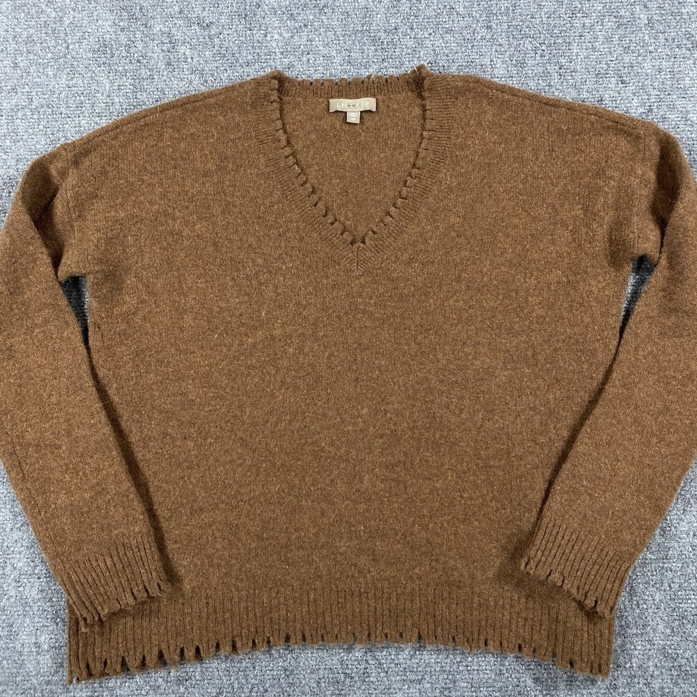 Lilla P Cashmere Sweater Womens XS Brown Textured Hem Luxury Soft V Neck Jumper